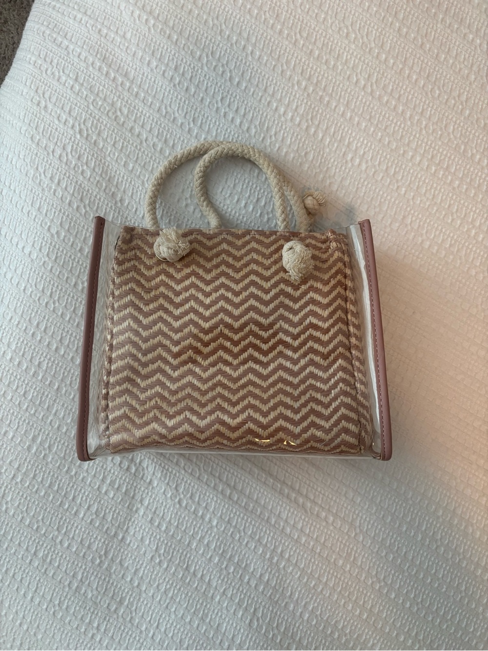 Woven Chevron Rope-Handle Tote Bag - Pink & Cream